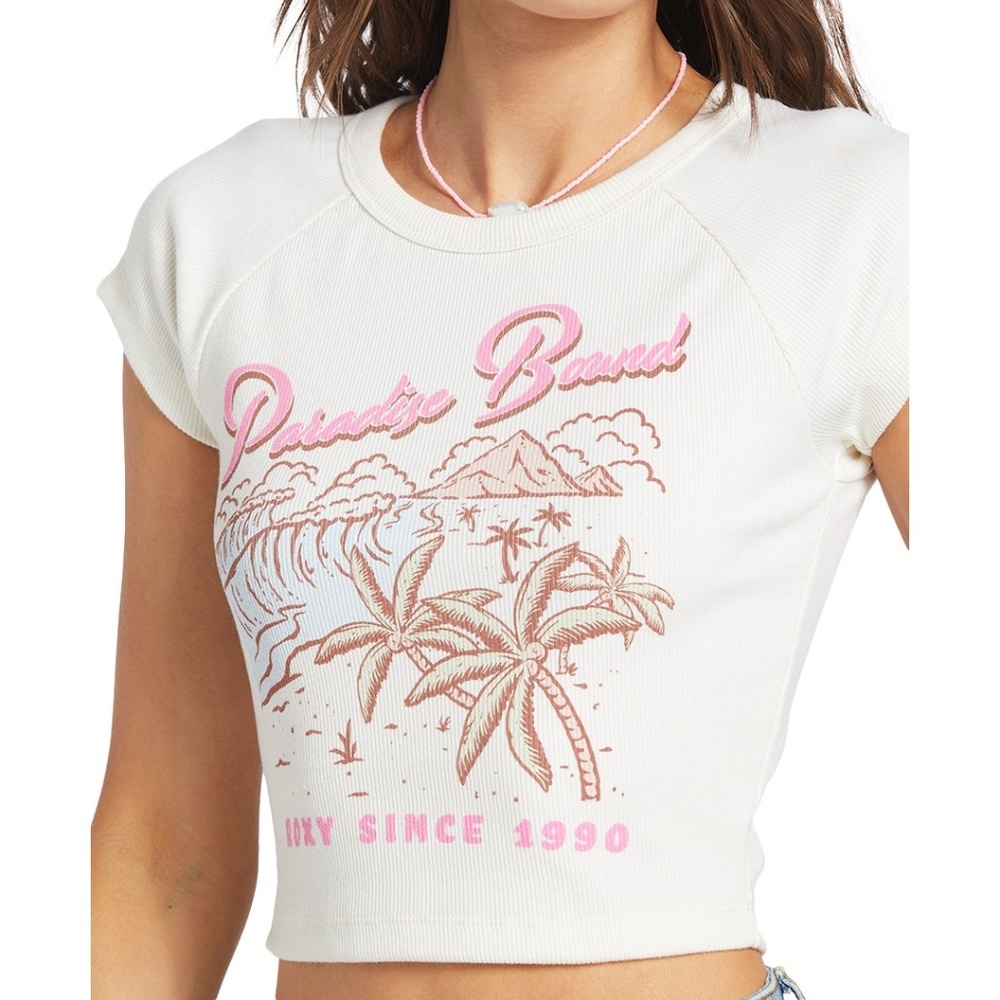 Roxy Juniors' Paradise Bound Ribbed Cropped Graphic T-Shirt - Snow White